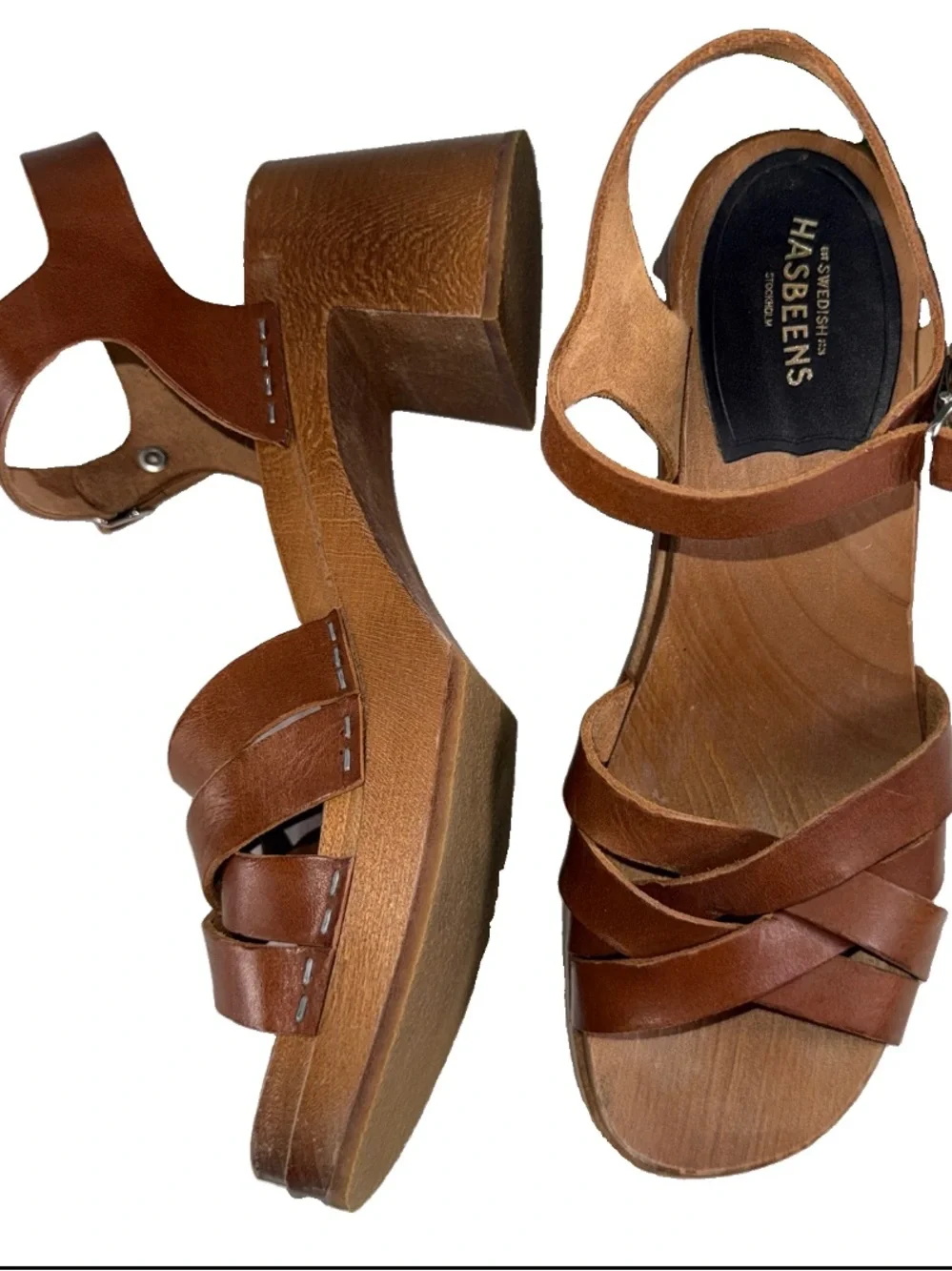 Swedish Hasbeens EU38 Clogs Sandals Cross Strap, Debutante Kringlan Heel Leather